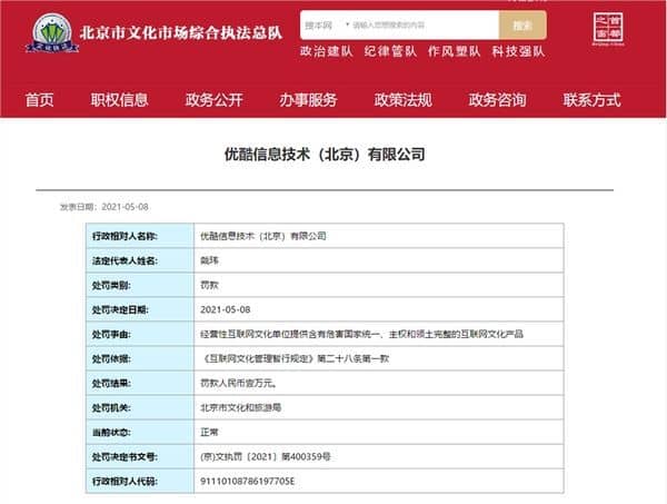 优酷被北京文旅局处罚，罚款一万元