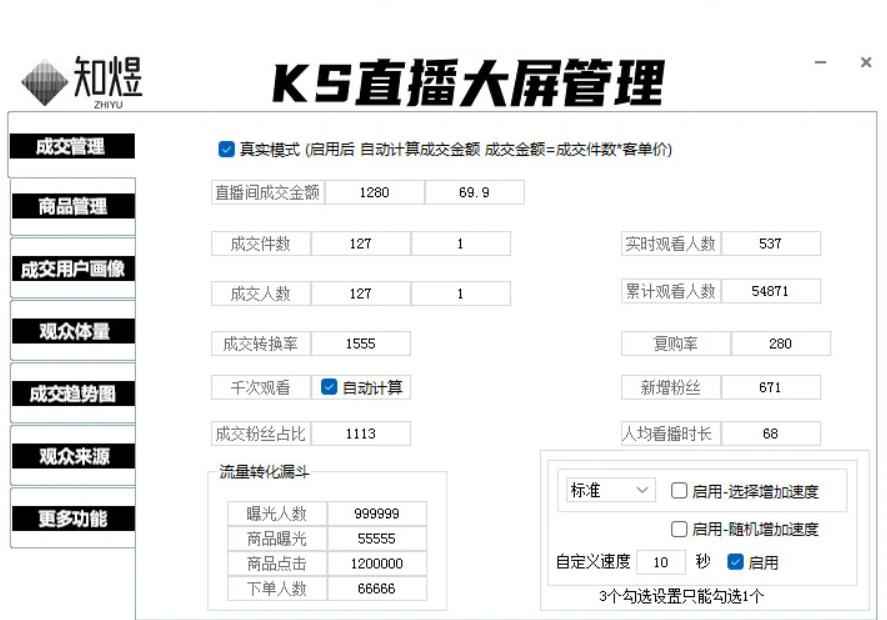 快手直播数据大屏，实时跳动，修改成交金额、曲线图，知煜版